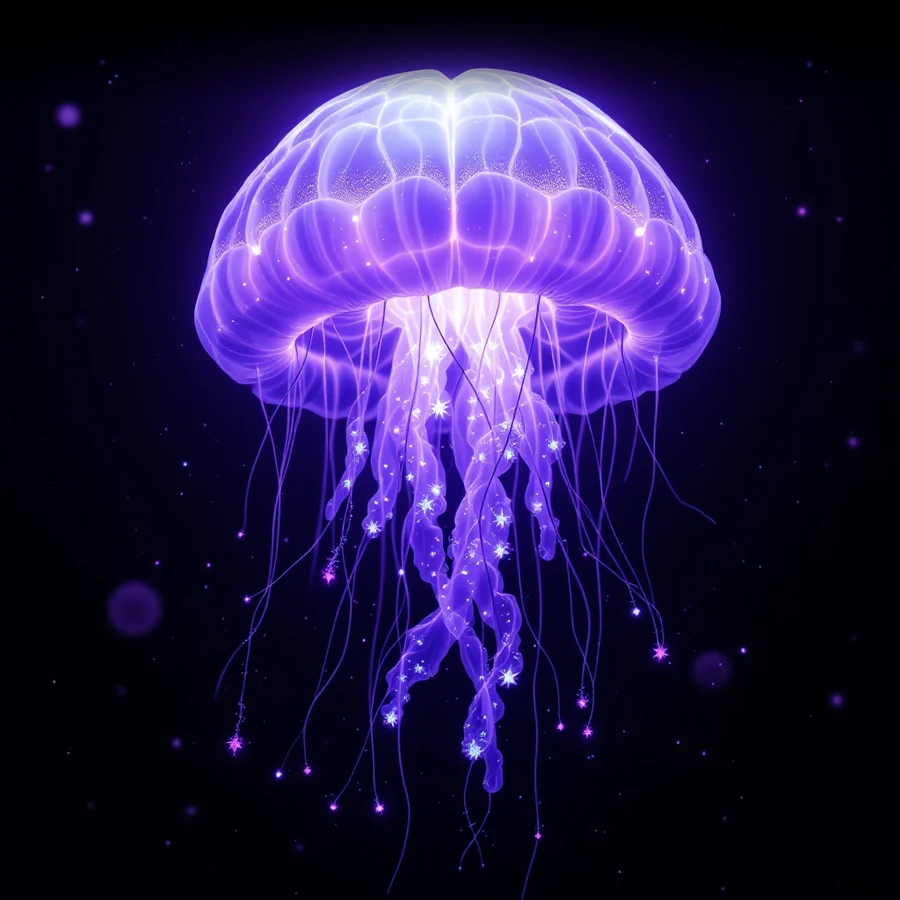 A glowing bioluminescent jellyfish shaped like a brain — the agentbrainsystem mascot